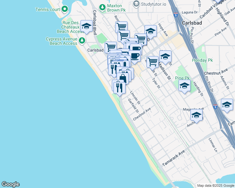 map of restaurants, bars, coffee shops, grocery stores, and more near 3150 Ocean Street in Carlsbad