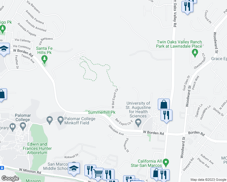 map of restaurants, bars, coffee shops, grocery stores, and more near 749 West Bel Esprit Circle in San Marcos