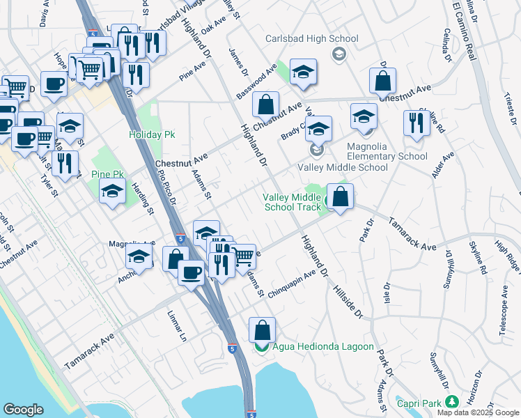 map of restaurants, bars, coffee shops, grocery stores, and more near 3751 Yvette Way in Carlsbad