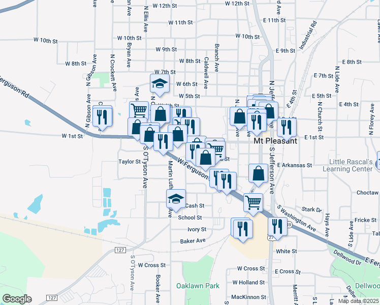 map of restaurants, bars, coffee shops, grocery stores, and more near 106 South Miller Avenue in Mount Pleasant