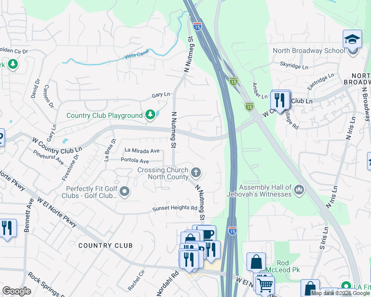 map of restaurants, bars, coffee shops, grocery stores, and more near 2065 Caraway Street in Escondido