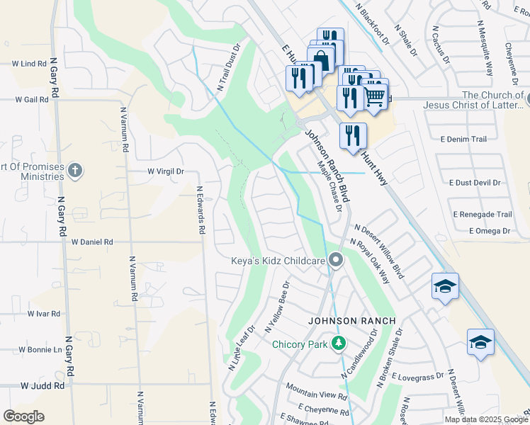 map of restaurants, bars, coffee shops, grocery stores, and more near 13 East Zinnia Place in Queen Creek