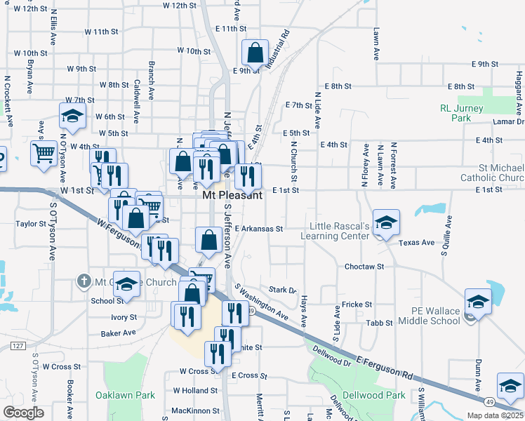 map of restaurants, bars, coffee shops, grocery stores, and more near 110 South Lee Avenue in Mount Pleasant