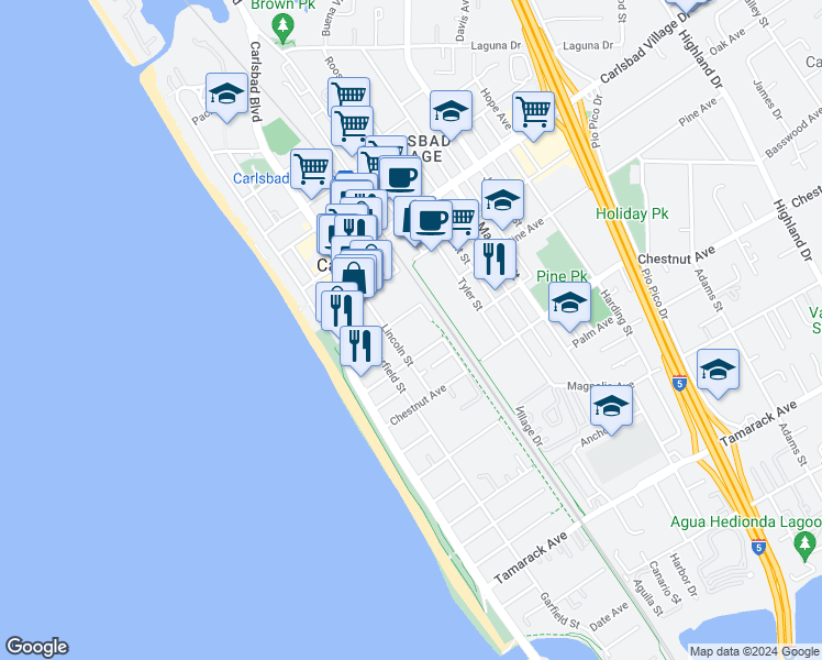 map of restaurants, bars, coffee shops, grocery stores, and more near 333 Pine Avenue in Carlsbad