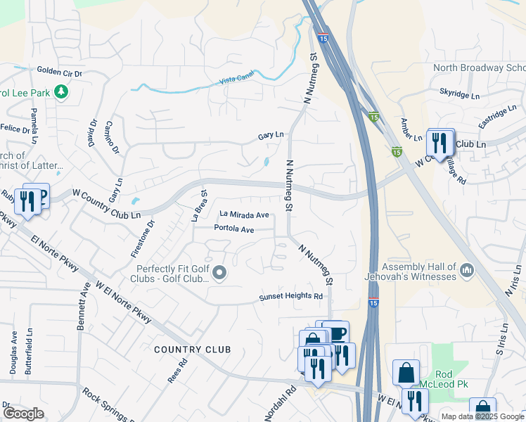 map of restaurants, bars, coffee shops, grocery stores, and more near 1140 La Mirada Avenue in Escondido