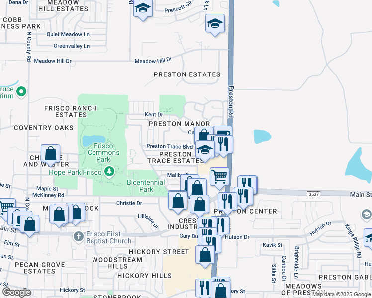 map of restaurants, bars, coffee shops, grocery stores, and more near 8681 Preston Trace Boulevard in Frisco