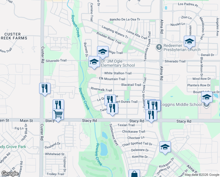 map of restaurants, bars, coffee shops, grocery stores, and more near 8400 Riverwalk Trail in McKinney