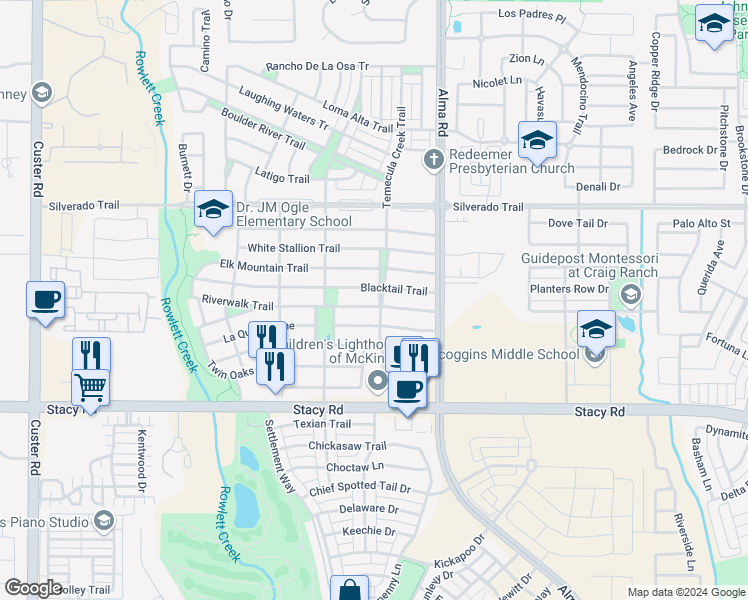 map of restaurants, bars, coffee shops, grocery stores, and more near 4508 Temecula Creek Trail in McKinney