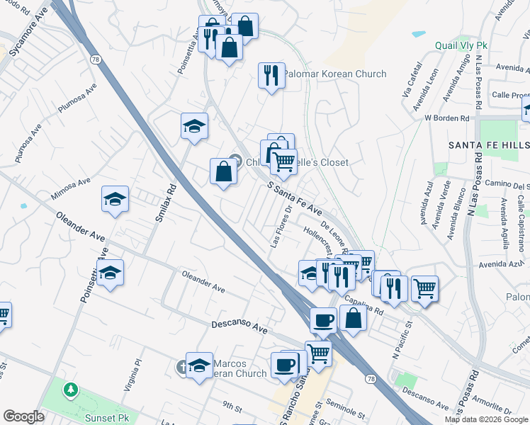map of restaurants, bars, coffee shops, grocery stores, and more near 155 North Las Flores Drive in San Marcos