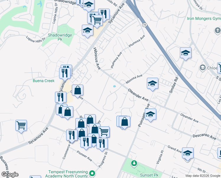 map of restaurants, bars, coffee shops, grocery stores, and more near 2625 Oleander Avenue in Vista