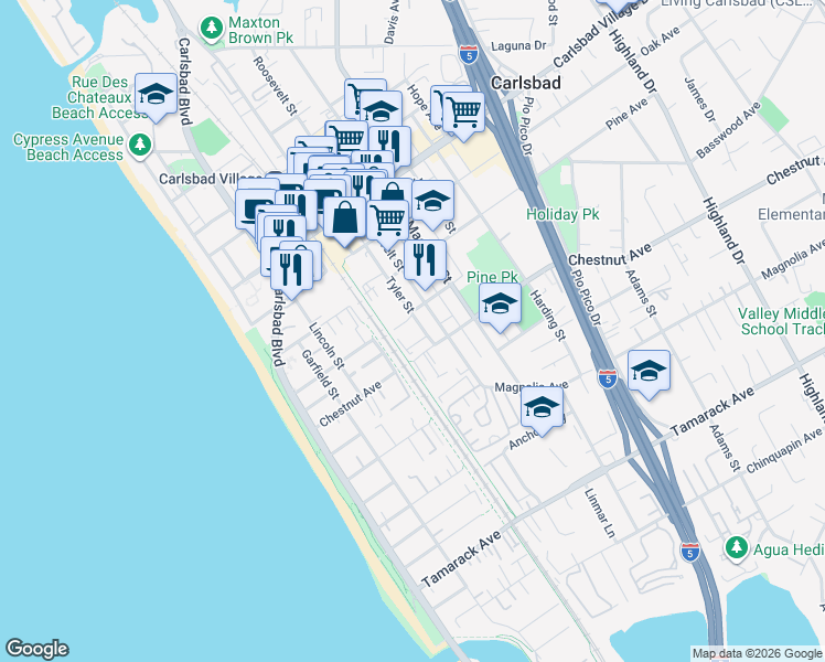 map of restaurants, bars, coffee shops, grocery stores, and more near 3356 Tyler Street in Carlsbad