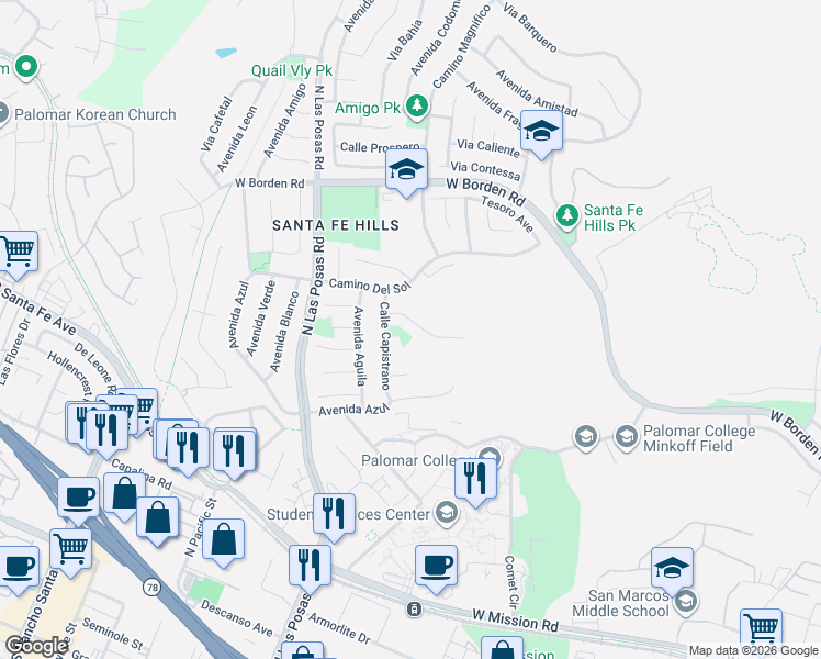 map of restaurants, bars, coffee shops, grocery stores, and more near 1183 Caminito Amarillo in San Marcos
