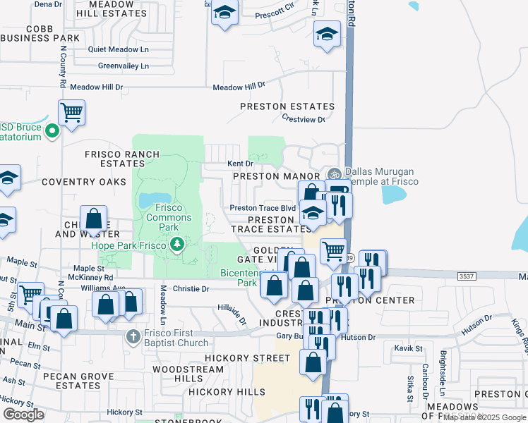 map of restaurants, bars, coffee shops, grocery stores, and more near 8547 Preston Trace Boulevard in Frisco