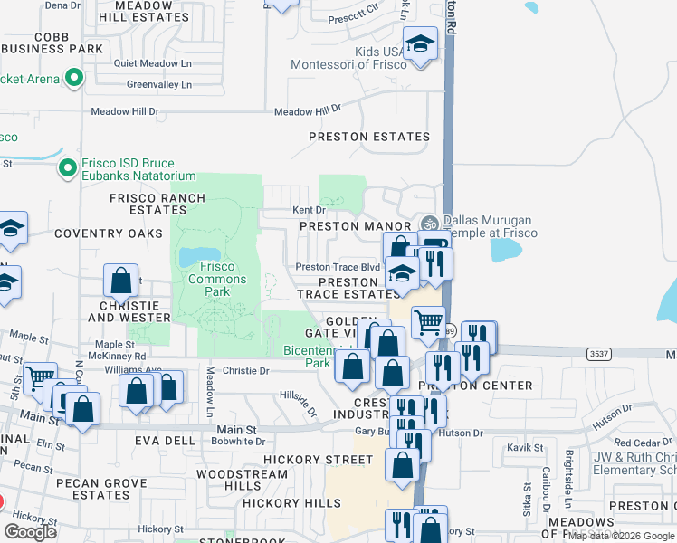 map of restaurants, bars, coffee shops, grocery stores, and more near 8547 Preston Trace Boulevard in Frisco