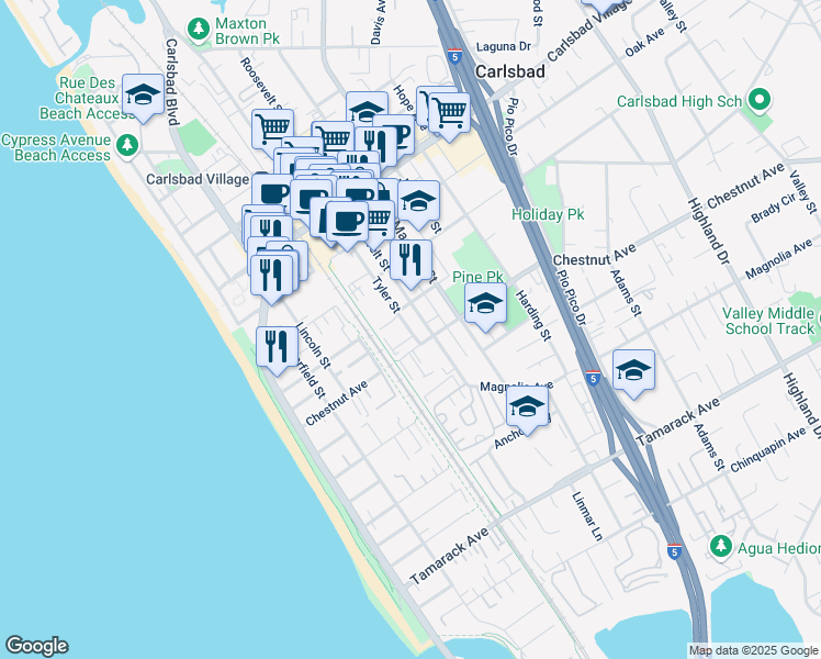 map of restaurants, bars, coffee shops, grocery stores, and more near 3356 Tyler Street in Carlsbad