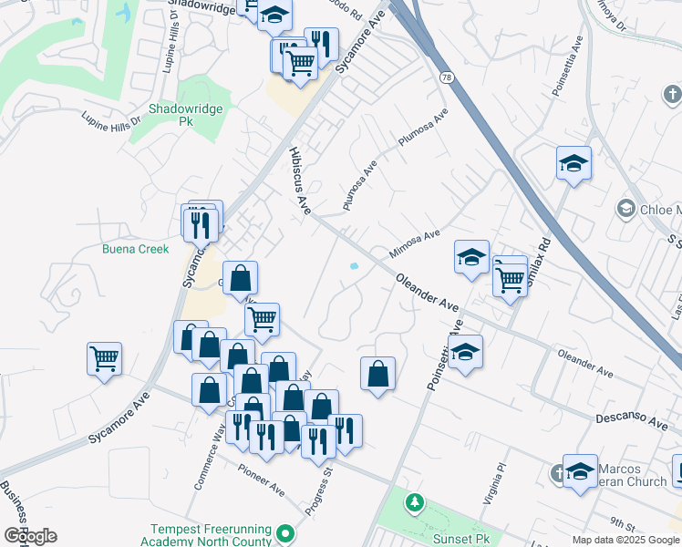 map of restaurants, bars, coffee shops, grocery stores, and more near 2625 Oleander Avenue in Vista