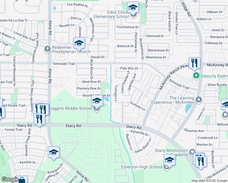 map of restaurants, bars, coffee shops, grocery stores, and more near 4420 Tortuga Lane in McKinney