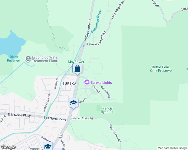 map of restaurants, bars, coffee shops, grocery stores, and more near 3141 Shue Place in Escondido
