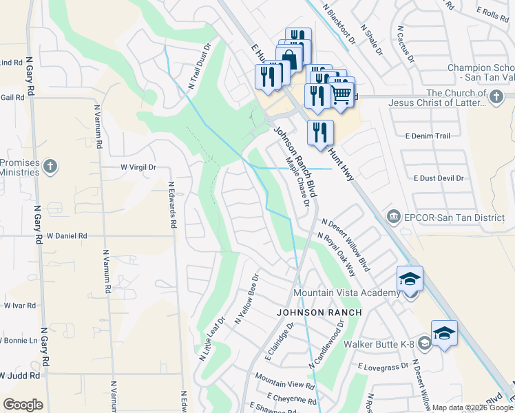 map of restaurants, bars, coffee shops, grocery stores, and more near 119 East Zinnia Place in San Tan Valley