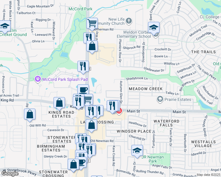 map of restaurants, bars, coffee shops, grocery stores, and more near 554 Moss Grove Drive in Frisco