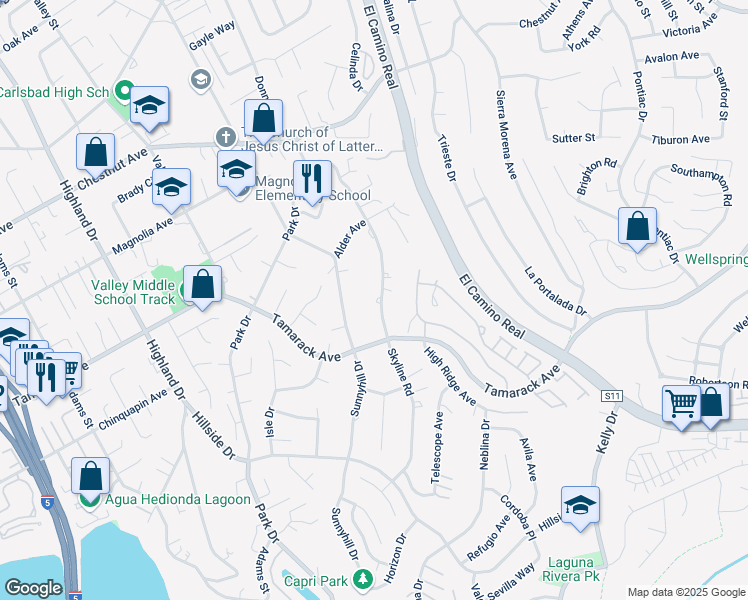 map of restaurants, bars, coffee shops, grocery stores, and more near 4033 Skyline Road in Carlsbad