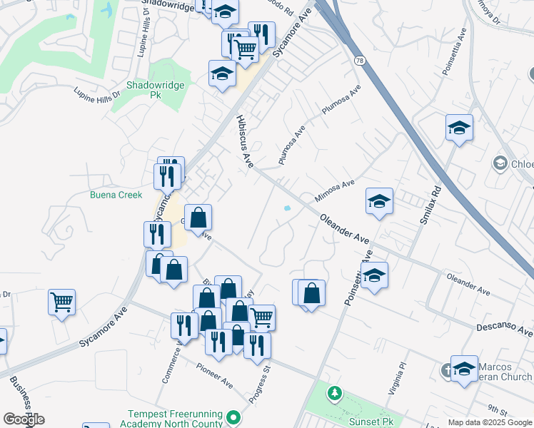 map of restaurants, bars, coffee shops, grocery stores, and more near 2625 Oleander Avenue in Vista