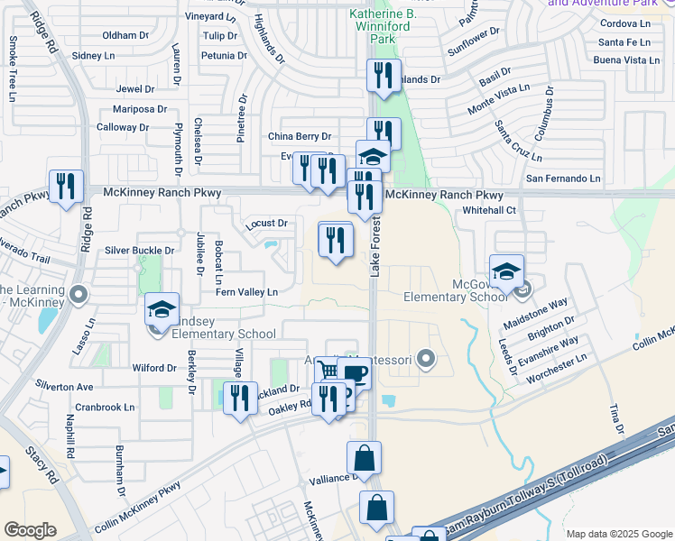 map of restaurants, bars, coffee shops, grocery stores, and more near 5001 McKinney Ranch Parkway in McKinney