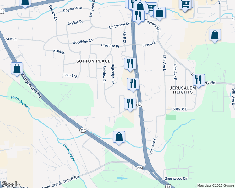 map of restaurants, bars, coffee shops, grocery stores, and more near 5614 Morning Glory Lane in Tuscaloosa