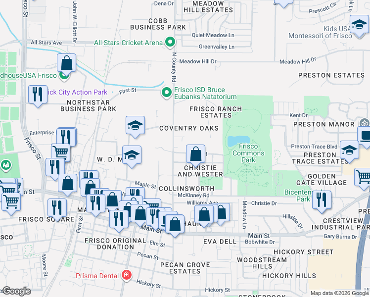 map of restaurants, bars, coffee shops, grocery stores, and more near 7674 North Street in Frisco