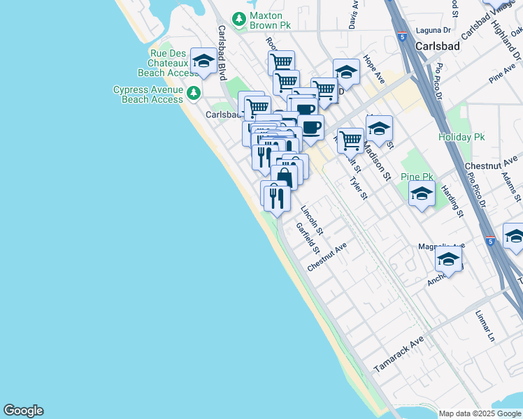 map of restaurants, bars, coffee shops, grocery stores, and more near 3095 Ocean Street in Carlsbad