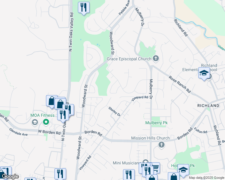 map of restaurants, bars, coffee shops, grocery stores, and more near 625 Maybritt Circle in San Marcos