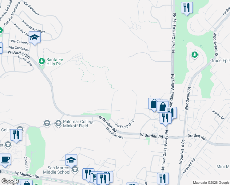 map of restaurants, bars, coffee shops, grocery stores, and more near 749 West Bel Esprit Circle in San Marcos