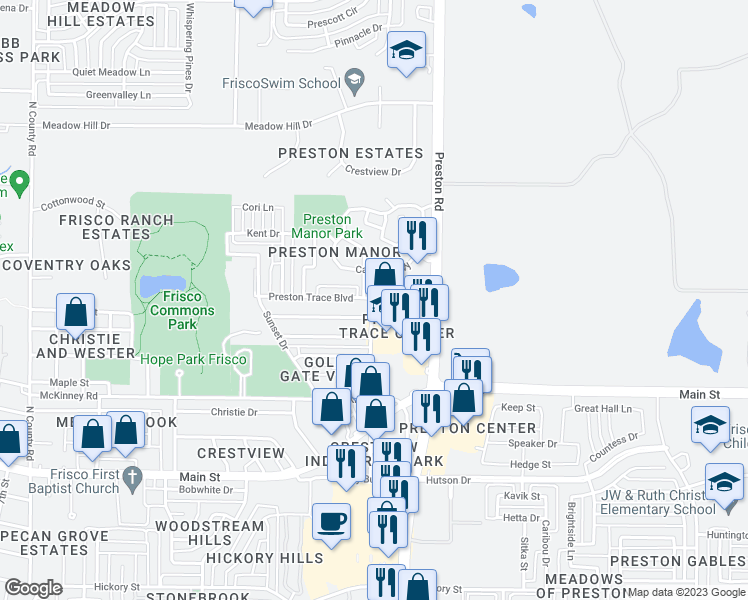 map of restaurants, bars, coffee shops, grocery stores, and more near 6101 Frisco Square Boulevard in Frisco