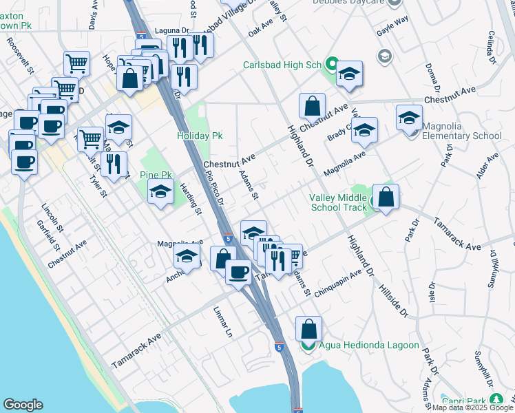 map of restaurants, bars, coffee shops, grocery stores, and more near 1098 Magnolia Avenue in Carlsbad