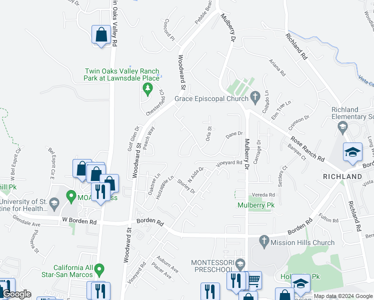 map of restaurants, bars, coffee shops, grocery stores, and more near 673 Maybritt Circle in San Marcos
