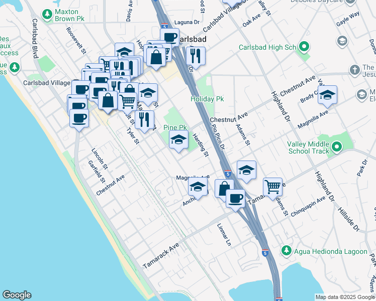 map of restaurants, bars, coffee shops, grocery stores, and more near 3468 Madison Street in Carlsbad