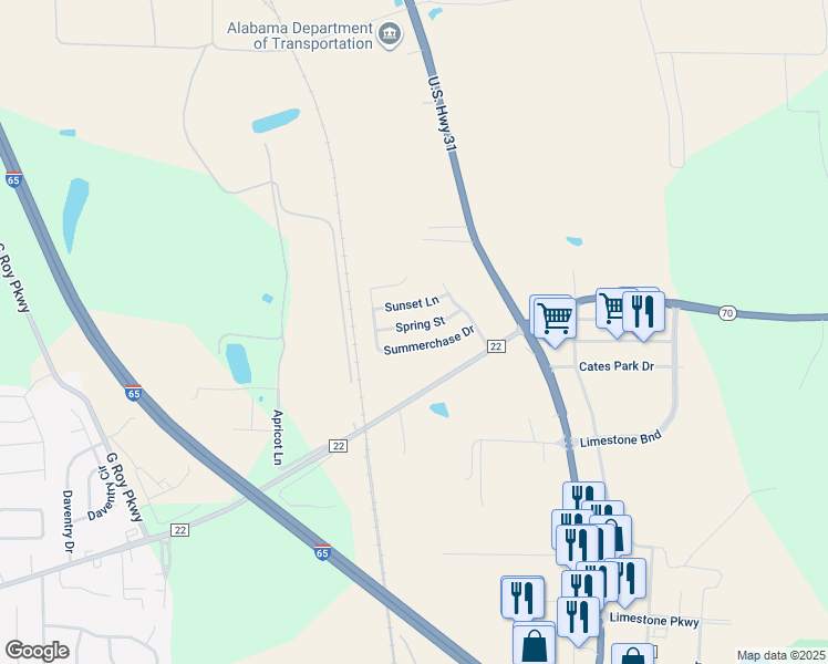 map of restaurants, bars, coffee shops, grocery stores, and more near 137 Spring Street in Calera