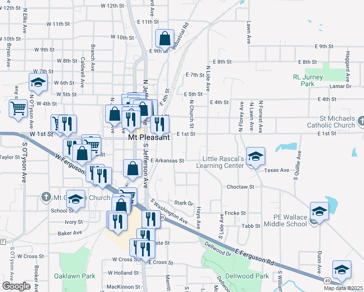 map of restaurants, bars, coffee shops, grocery stores, and more near 106 South Church Avenue in Mount Pleasant
