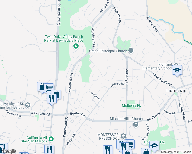 map of restaurants, bars, coffee shops, grocery stores, and more near 673 Maybritt Circle in San Marcos
