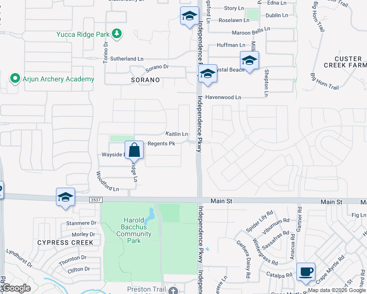 map of restaurants, bars, coffee shops, grocery stores, and more near 9596 Christ Church Lane in Frisco