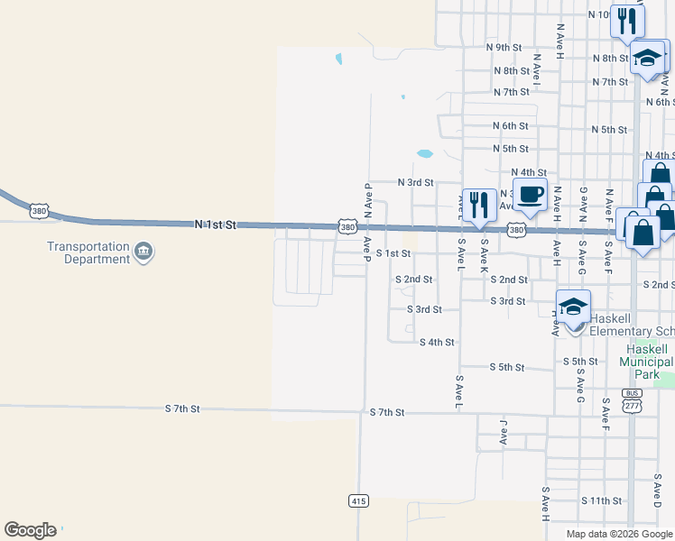 map of restaurants, bars, coffee shops, grocery stores, and more near 1608 Robbyn Lane in Haskell
