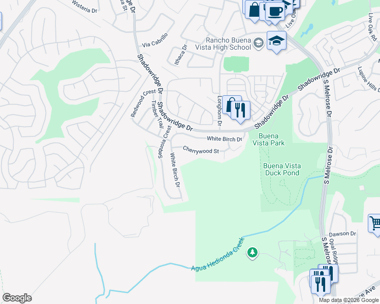 map of restaurants, bars, coffee shops, grocery stores, and more near 1971 Cherrywood Street in Vista