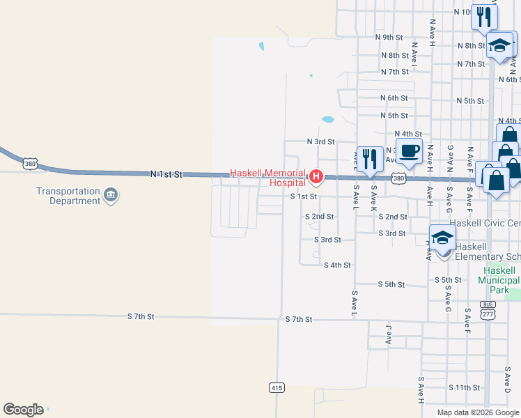 map of restaurants, bars, coffee shops, grocery stores, and more near 1608 Robbyn Lane in Haskell