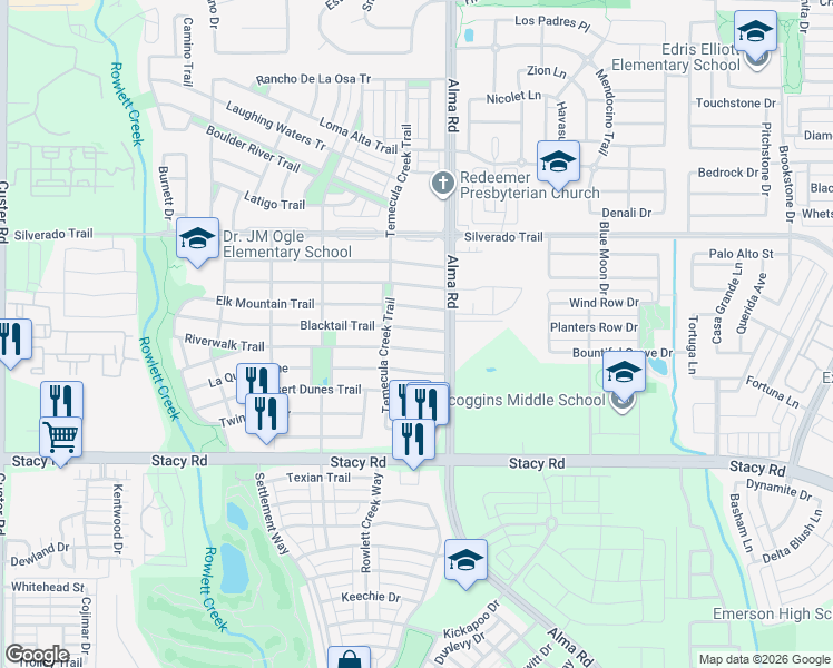 map of restaurants, bars, coffee shops, grocery stores, and more near 7821 Blacktail Trail in McKinney