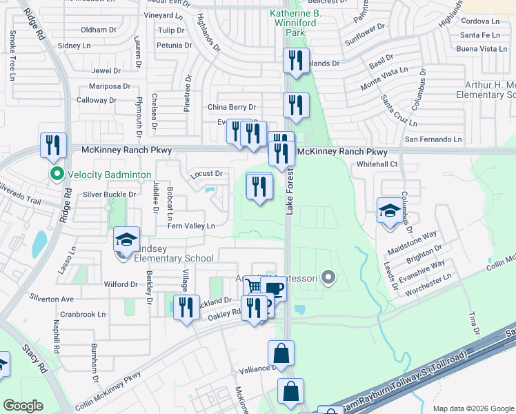 map of restaurants, bars, coffee shops, grocery stores, and more near 5001 McKinney Ranch Parkway in McKinney