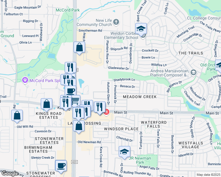map of restaurants, bars, coffee shops, grocery stores, and more near 9357 Prestwick Drive in Frisco