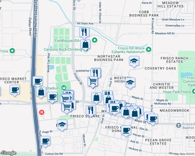 map of restaurants, bars, coffee shops, grocery stores, and more near 9355 John W. Elliott Drive in Frisco