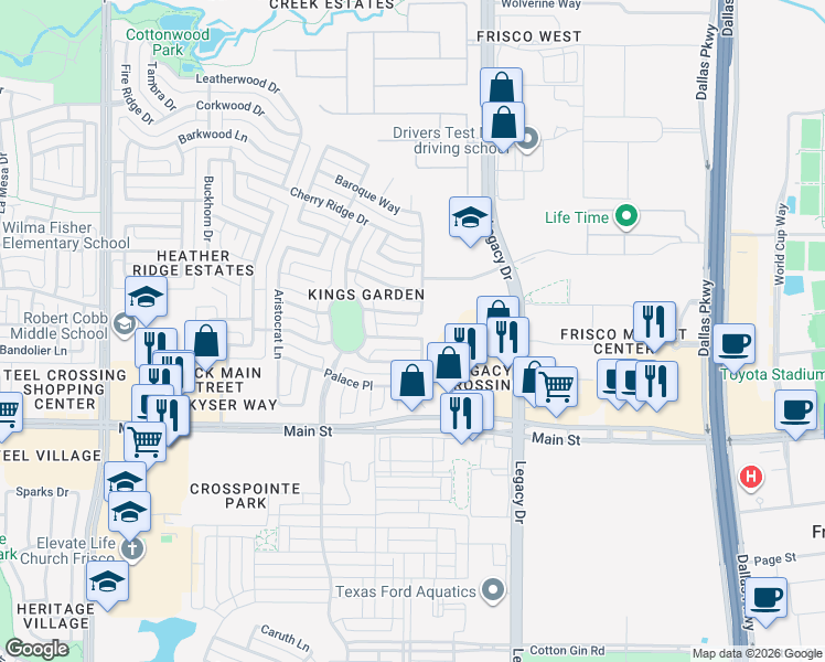 map of restaurants, bars, coffee shops, grocery stores, and more near 4166 Nobleman Drive in Frisco