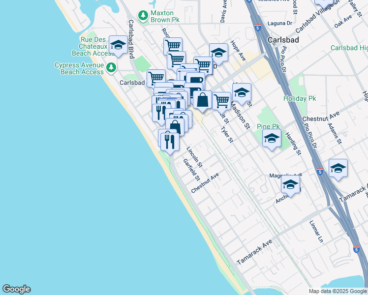 map of restaurants, bars, coffee shops, grocery stores, and more near 250 Pine Avenue in Carlsbad