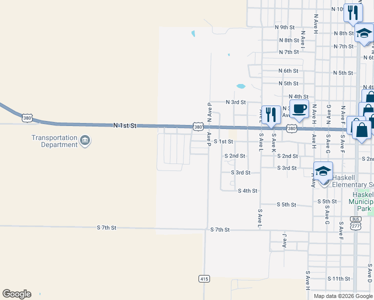 map of restaurants, bars, coffee shops, grocery stores, and more near 1608 Robbyn Lane in Haskell